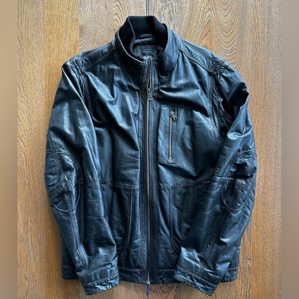 Hugo Boss Calf Skin Classic Leather Jacket Black Size 44R Men's - Picture 2 of 9